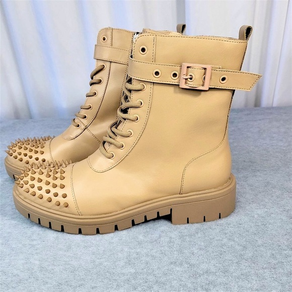Cape Robbin Shoes - Cape Robbin Bitten Nude Spiked Combat Moto Punk Ankle Boots